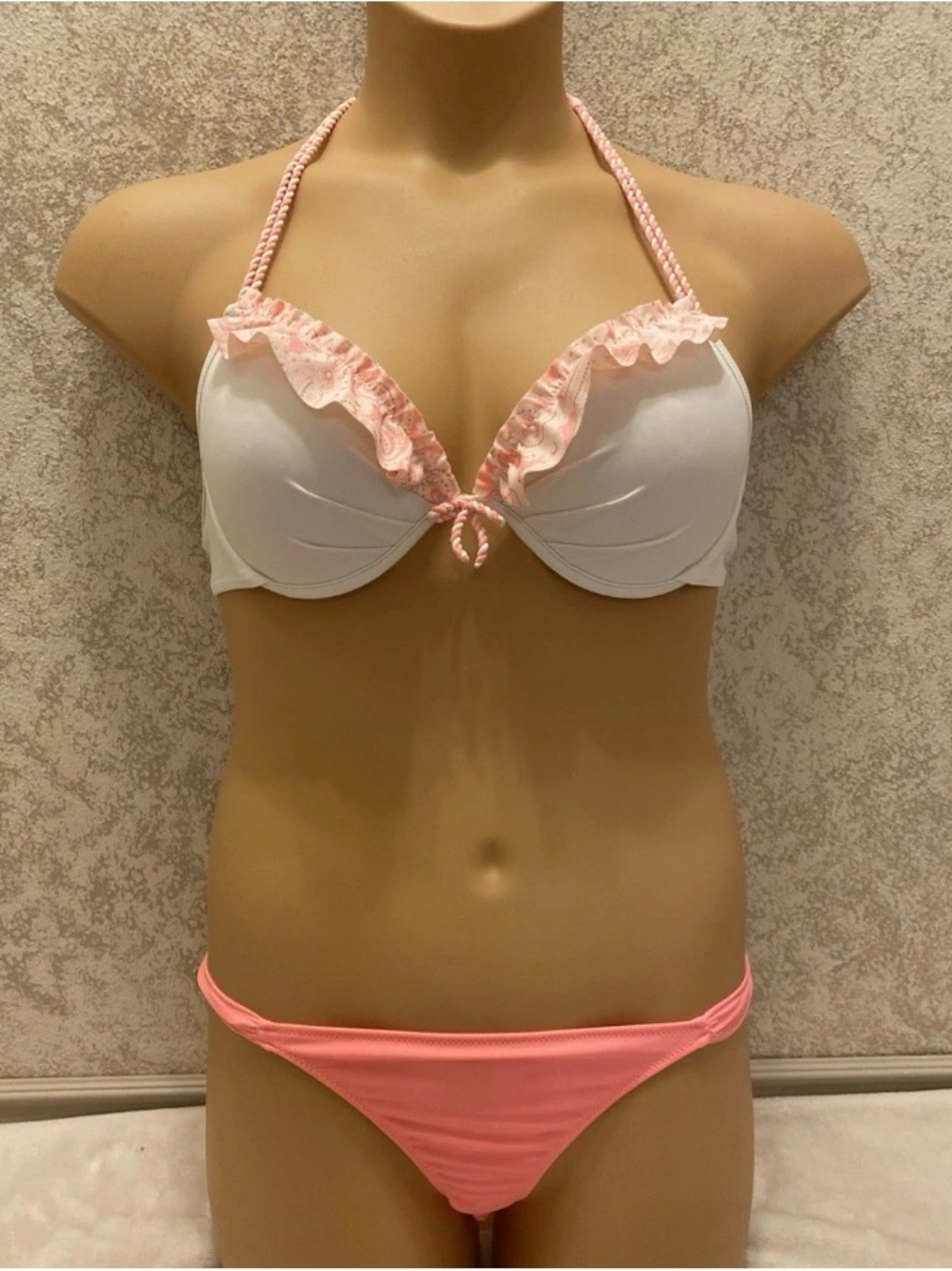 Victoria's Secret White & Peach Ruffle Halter Bikini Set